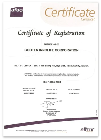ISO 13485:2016 certificate of registration — Gooten Innolife Corporation